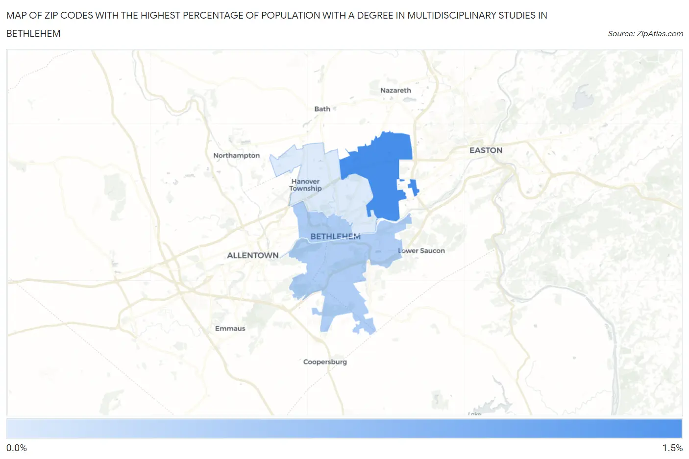 Zip Codes with the Highest Percentage of Population with a Degree in Multidisciplinary Studies in Bethlehem Map