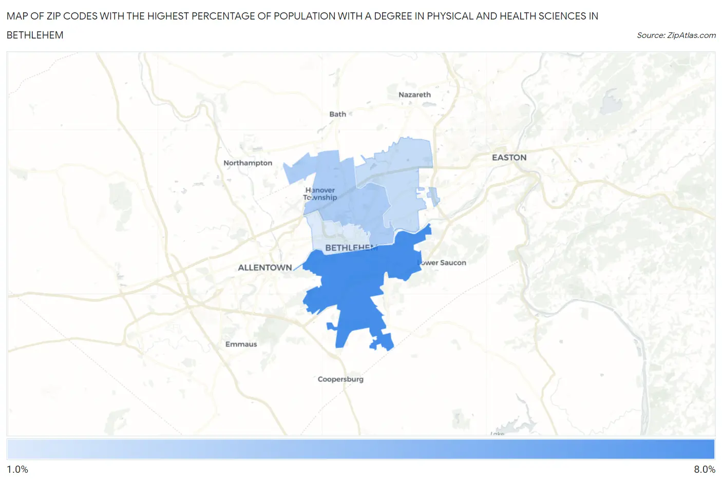 Zip Codes with the Highest Percentage of Population with a Degree in Physical and Health Sciences in Bethlehem Map