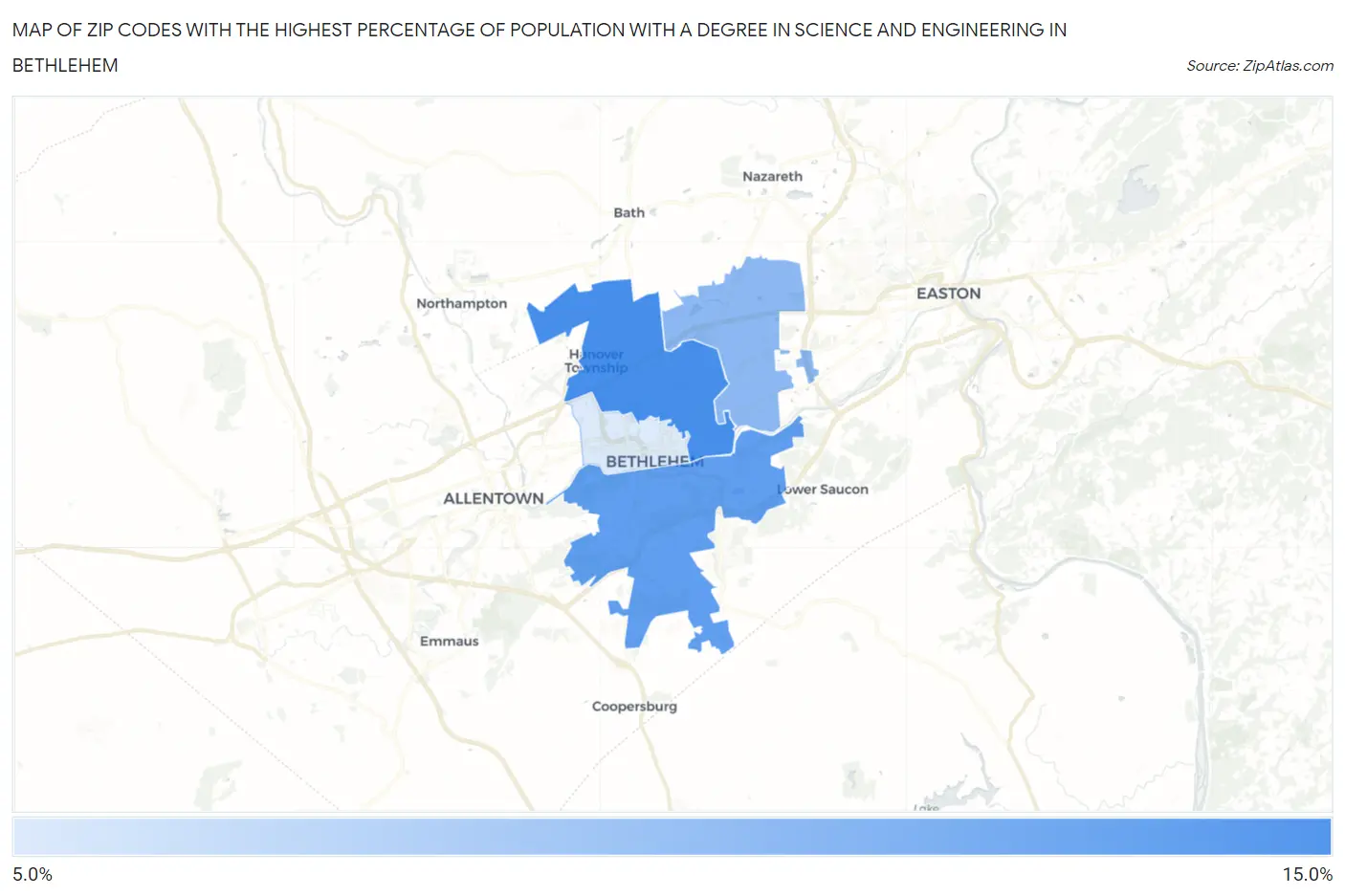 Zip Codes with the Highest Percentage of Population with a Degree in Science and Engineering in Bethlehem Map
