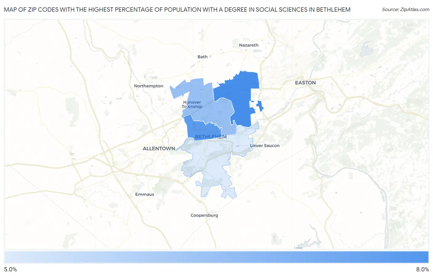 Zip Codes with the Highest Percentage of Population with a Degree in Social Sciences in Bethlehem Map