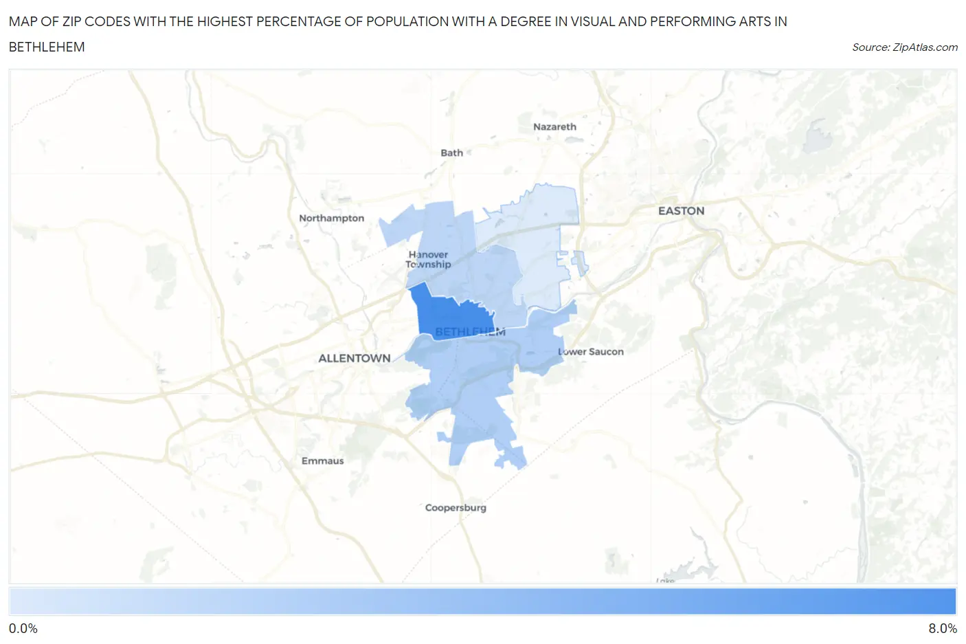 Zip Codes with the Highest Percentage of Population with a Degree in Visual and Performing Arts in Bethlehem Map
