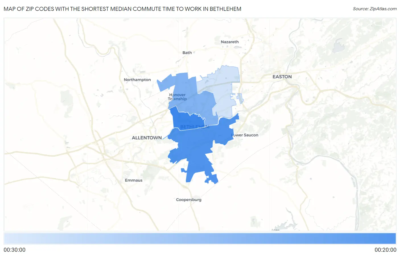Zip Codes with the Shortest Median Commute Time to Work in Bethlehem Map