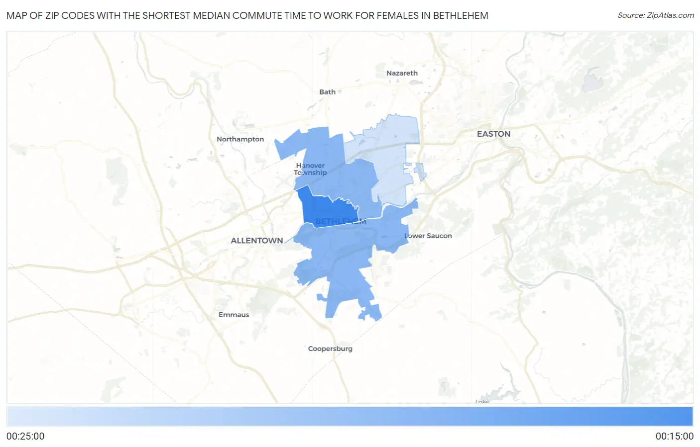 Zip Codes with the Shortest Median Commute Time to Work for Females in Bethlehem Map