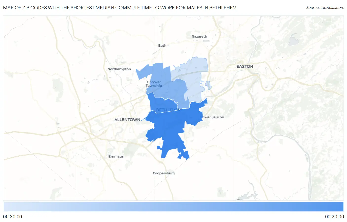 Zip Codes with the Shortest Median Commute Time to Work for Males in Bethlehem Map