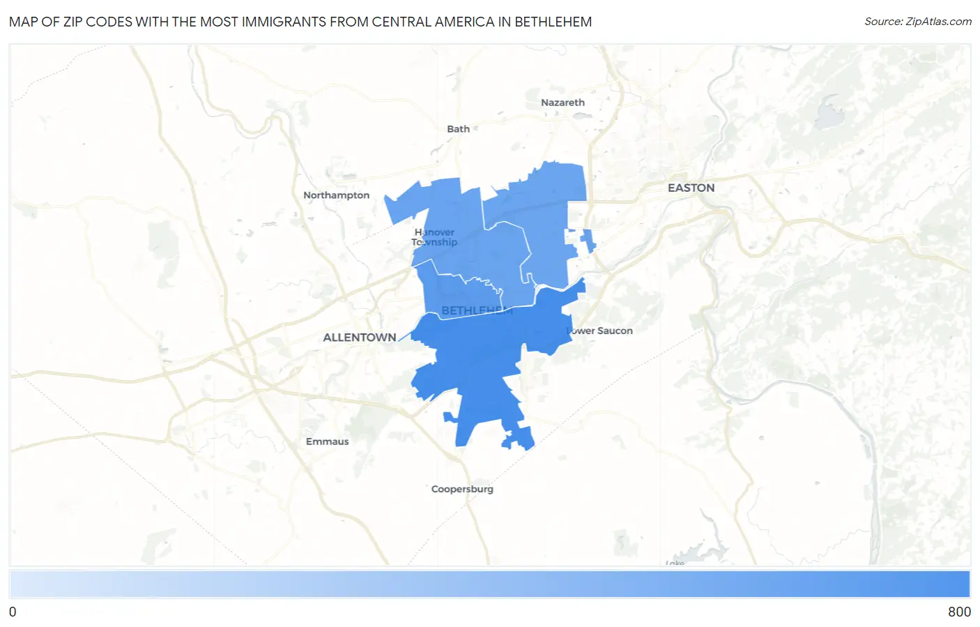 Zip Codes with the Most Immigrants from Central America in Bethlehem Map