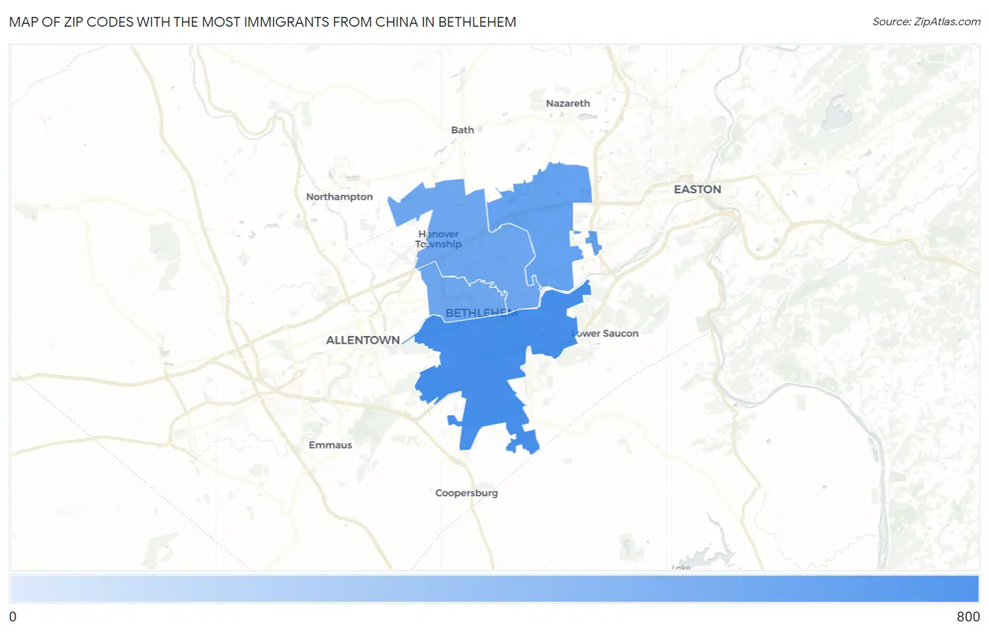 Zip Codes with the Most Immigrants from China in Bethlehem Map