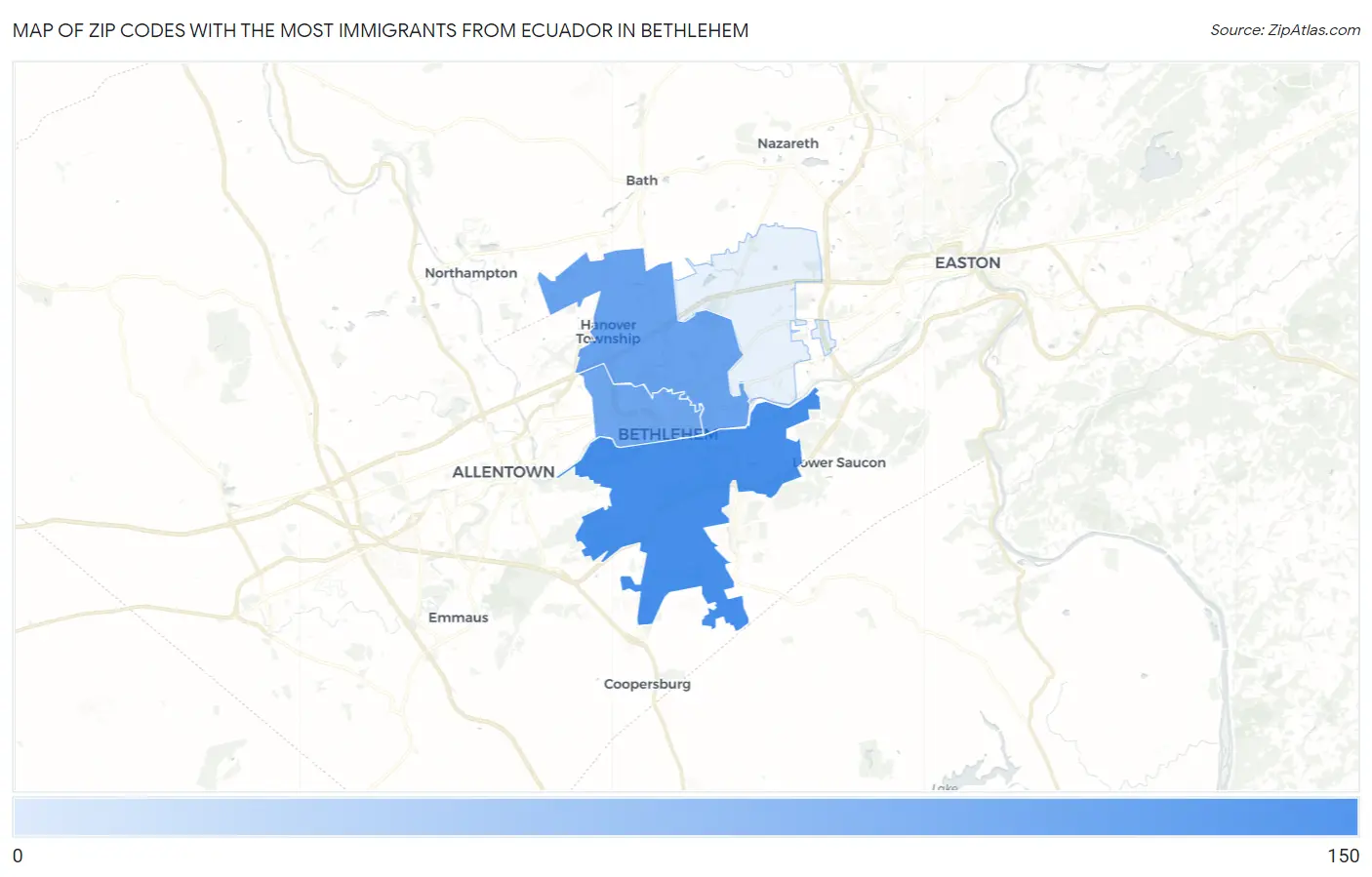 Zip Codes with the Most Immigrants from Ecuador in Bethlehem Map