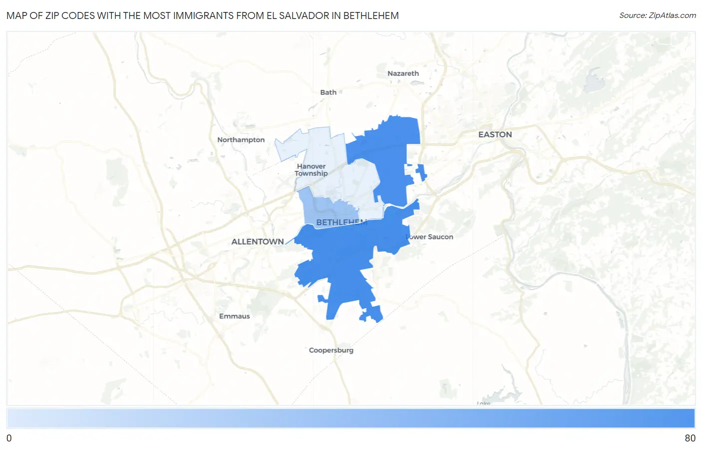 Zip Codes with the Most Immigrants from El Salvador in Bethlehem Map