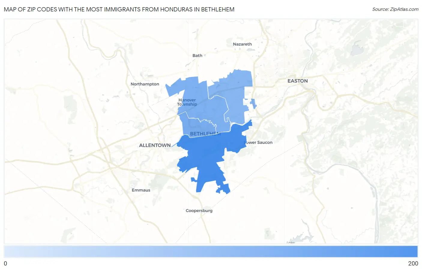 Zip Codes with the Most Immigrants from Honduras in Bethlehem Map