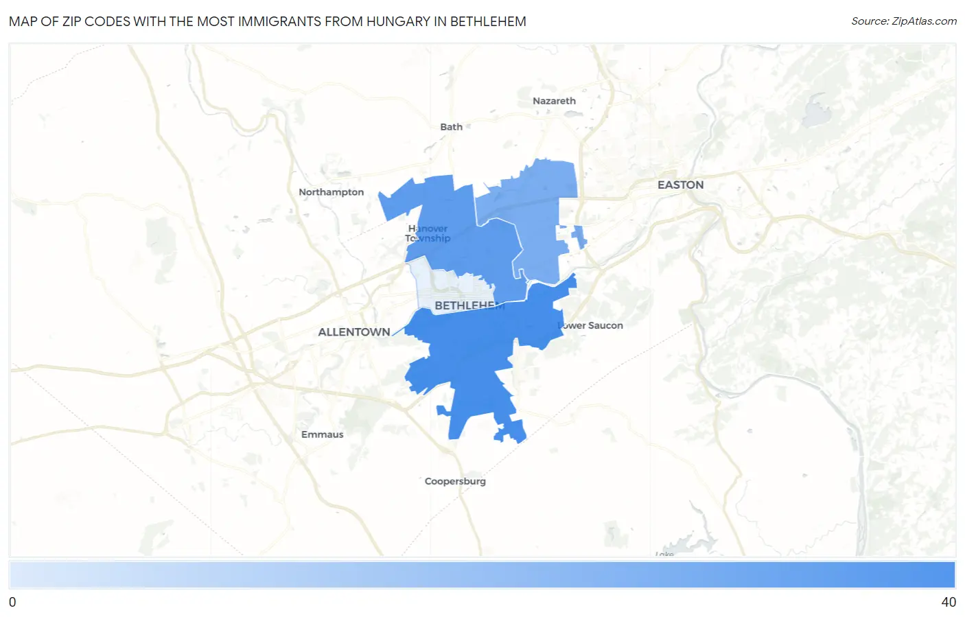Zip Codes with the Most Immigrants from Hungary in Bethlehem Map