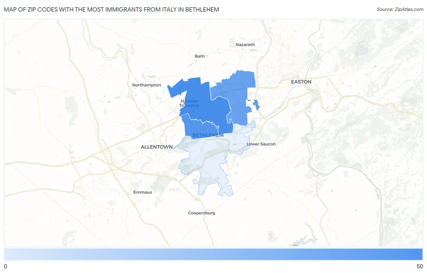 Zip Codes with the Most Immigrants from Italy in Bethlehem Map