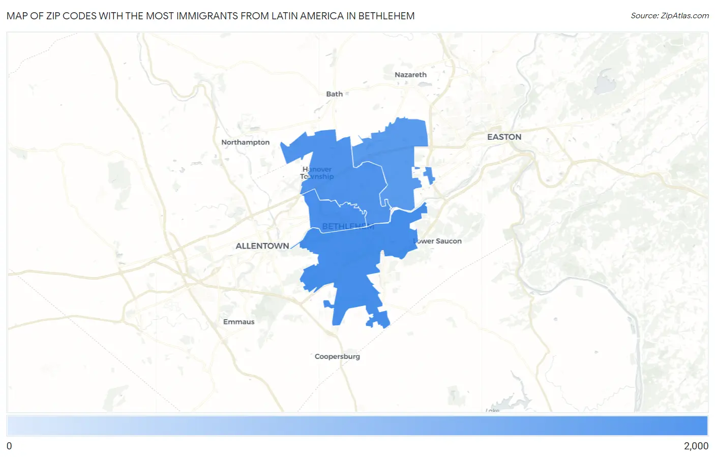 Zip Codes with the Most Immigrants from Latin America in Bethlehem Map