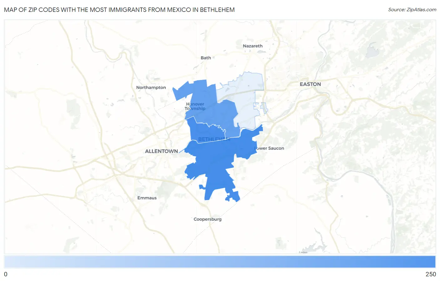 Zip Codes with the Most Immigrants from Mexico in Bethlehem Map