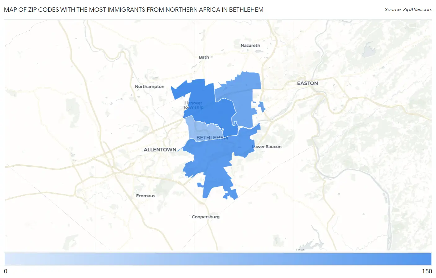Zip Codes with the Most Immigrants from Northern Africa in Bethlehem Map