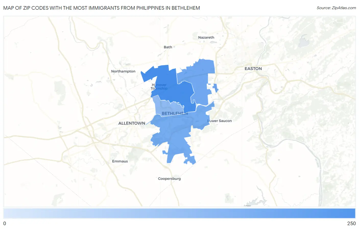 Zip Codes with the Most Immigrants from Philippines in Bethlehem Map
