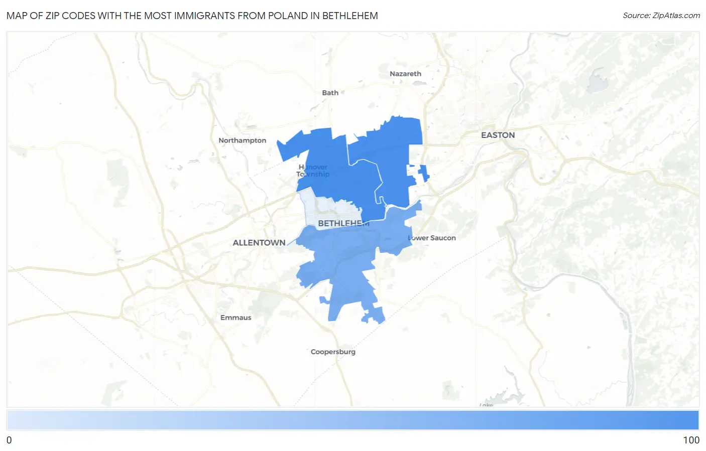 Zip Codes with the Most Immigrants from Poland in Bethlehem Map