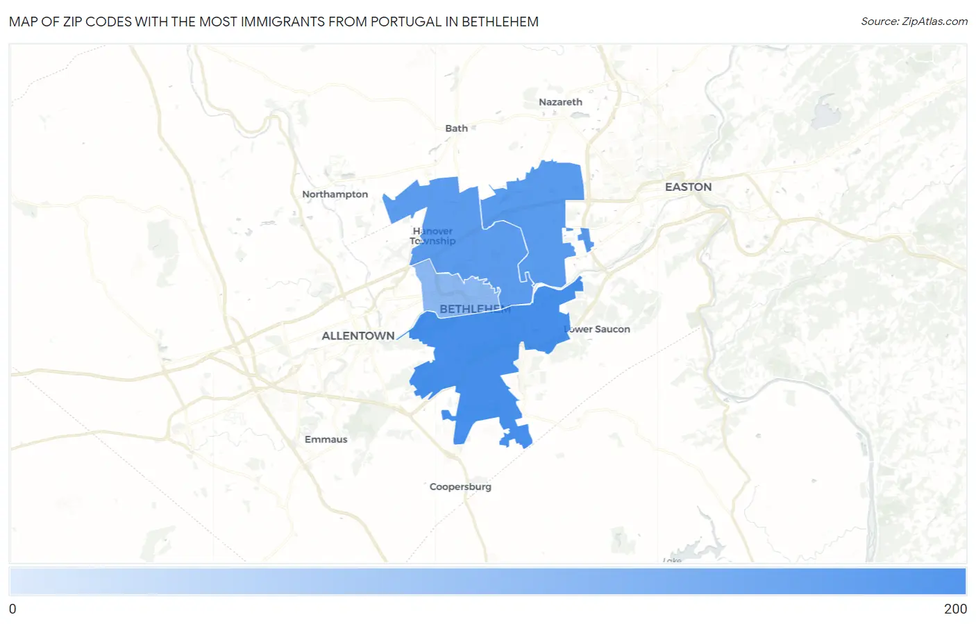 Zip Codes with the Most Immigrants from Portugal in Bethlehem Map