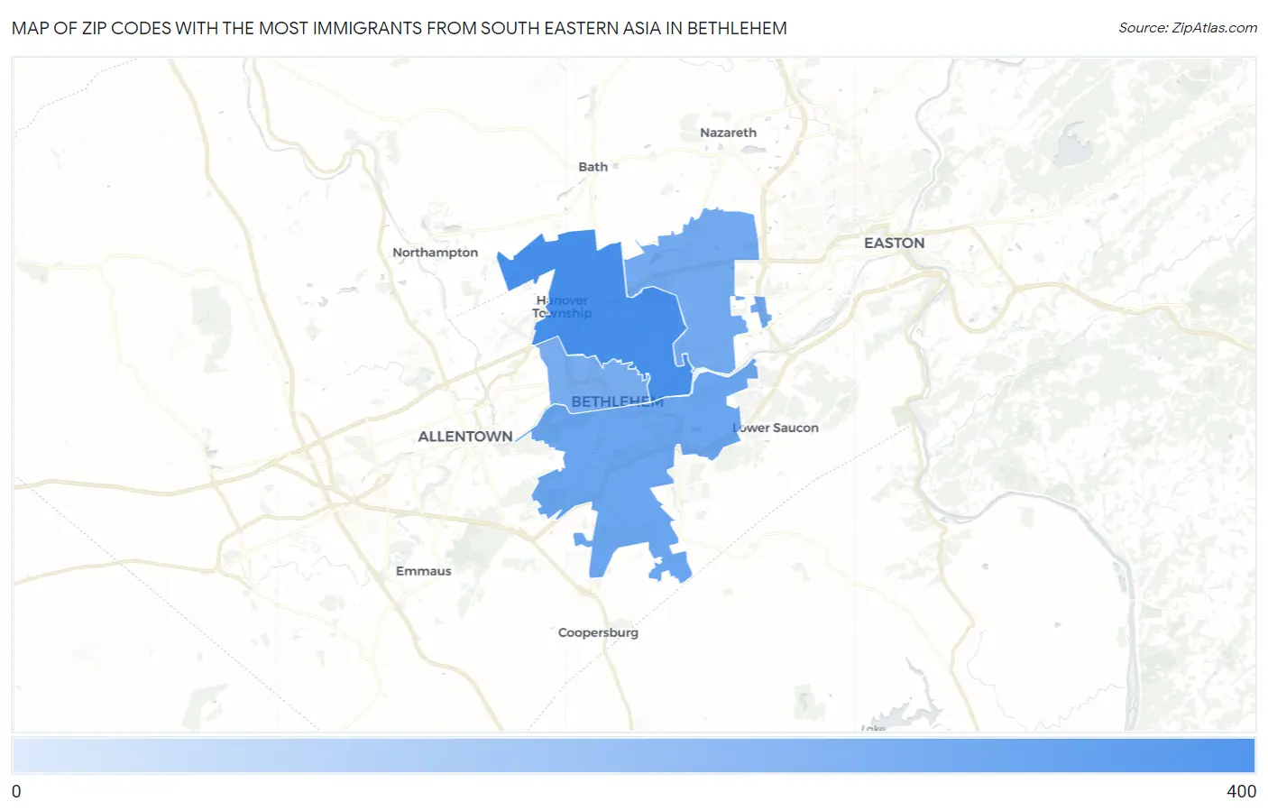 Zip Codes with the Most Immigrants from South Eastern Asia in Bethlehem Map