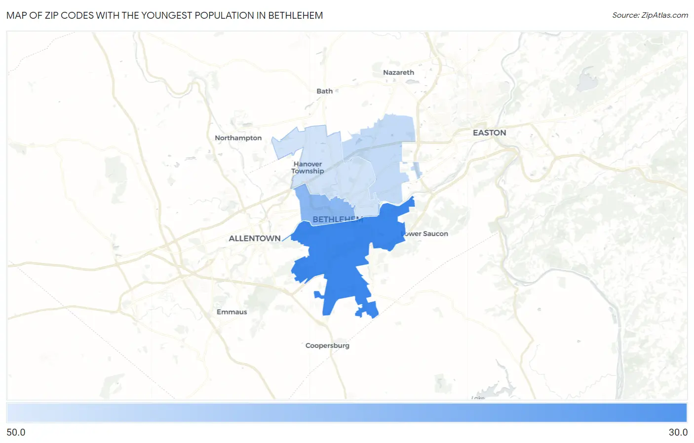 Zip Codes with the Youngest Population in Bethlehem Map