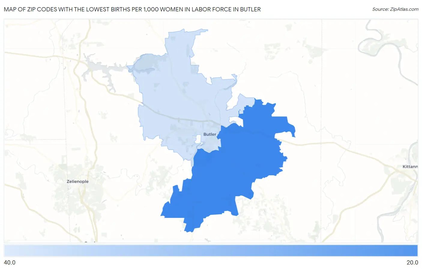 Zip Codes with the Lowest Births per 1,000 Women in Labor Force in Butler Map