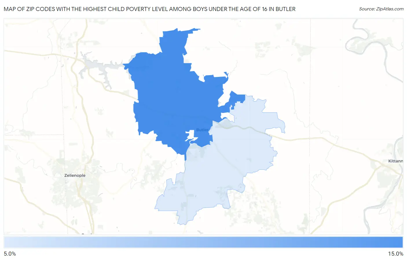 Zip Codes with the Highest Child Poverty Level Among Boys Under the Age of 16 in Butler Map