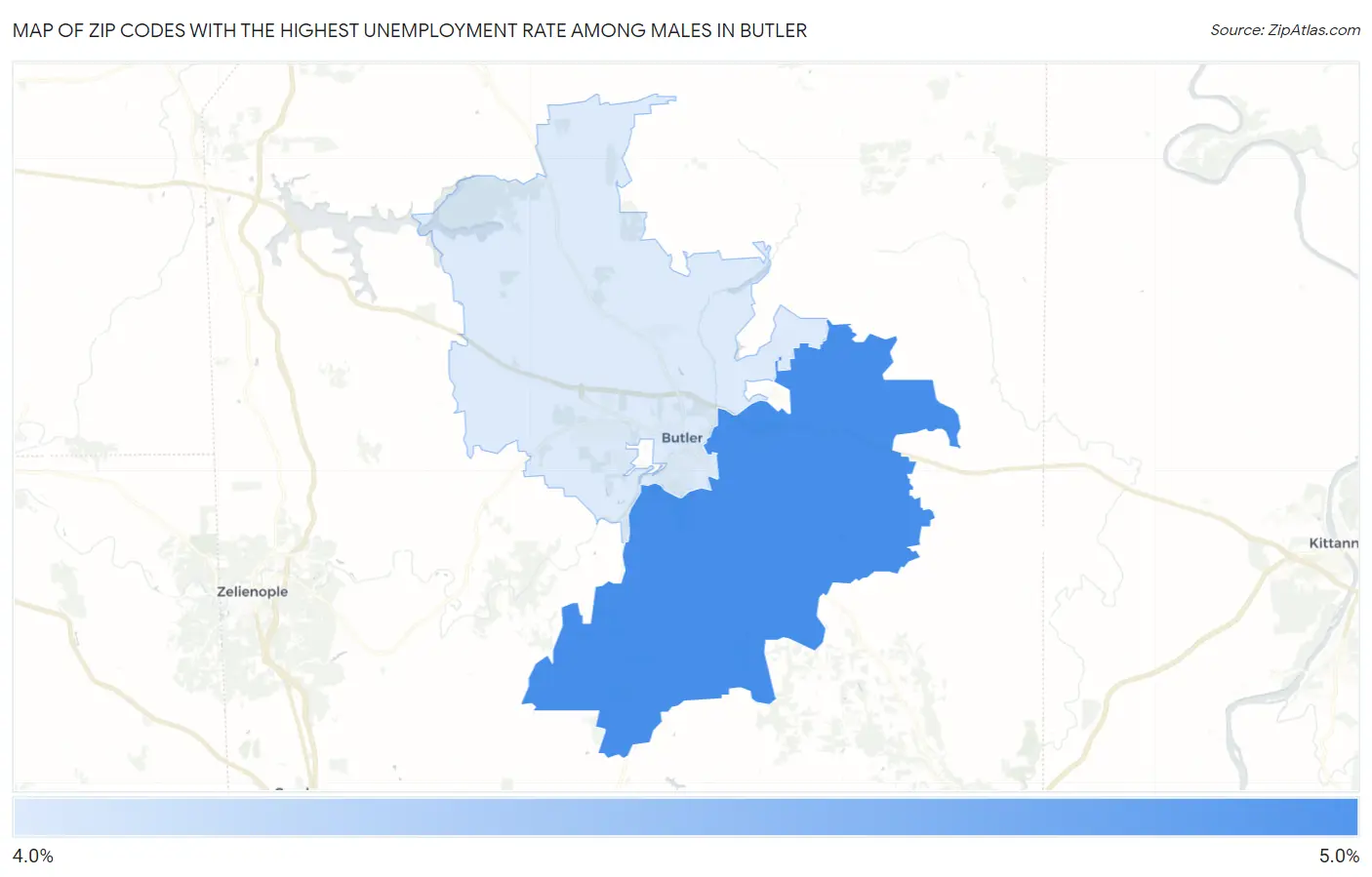 Zip Codes with the Highest Unemployment Rate Among Males in Butler Map