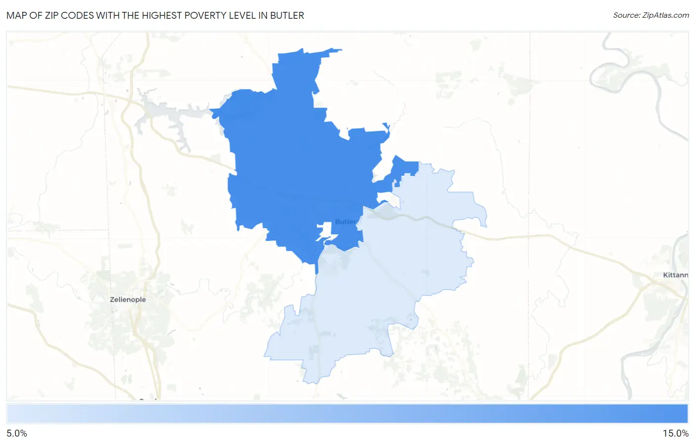 Zip Codes with the Highest Poverty Level in Butler Map
