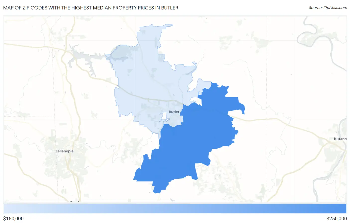 Zip Codes with the Highest Median Property Prices in Butler Map