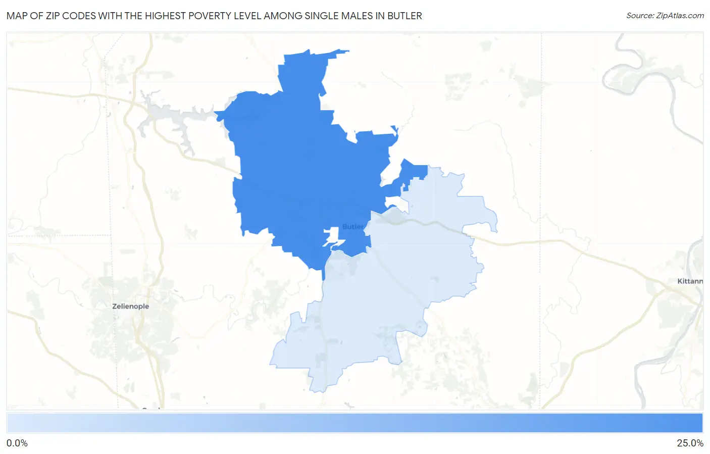 Zip Codes with the Highest Poverty Level Among Single Males in Butler Map