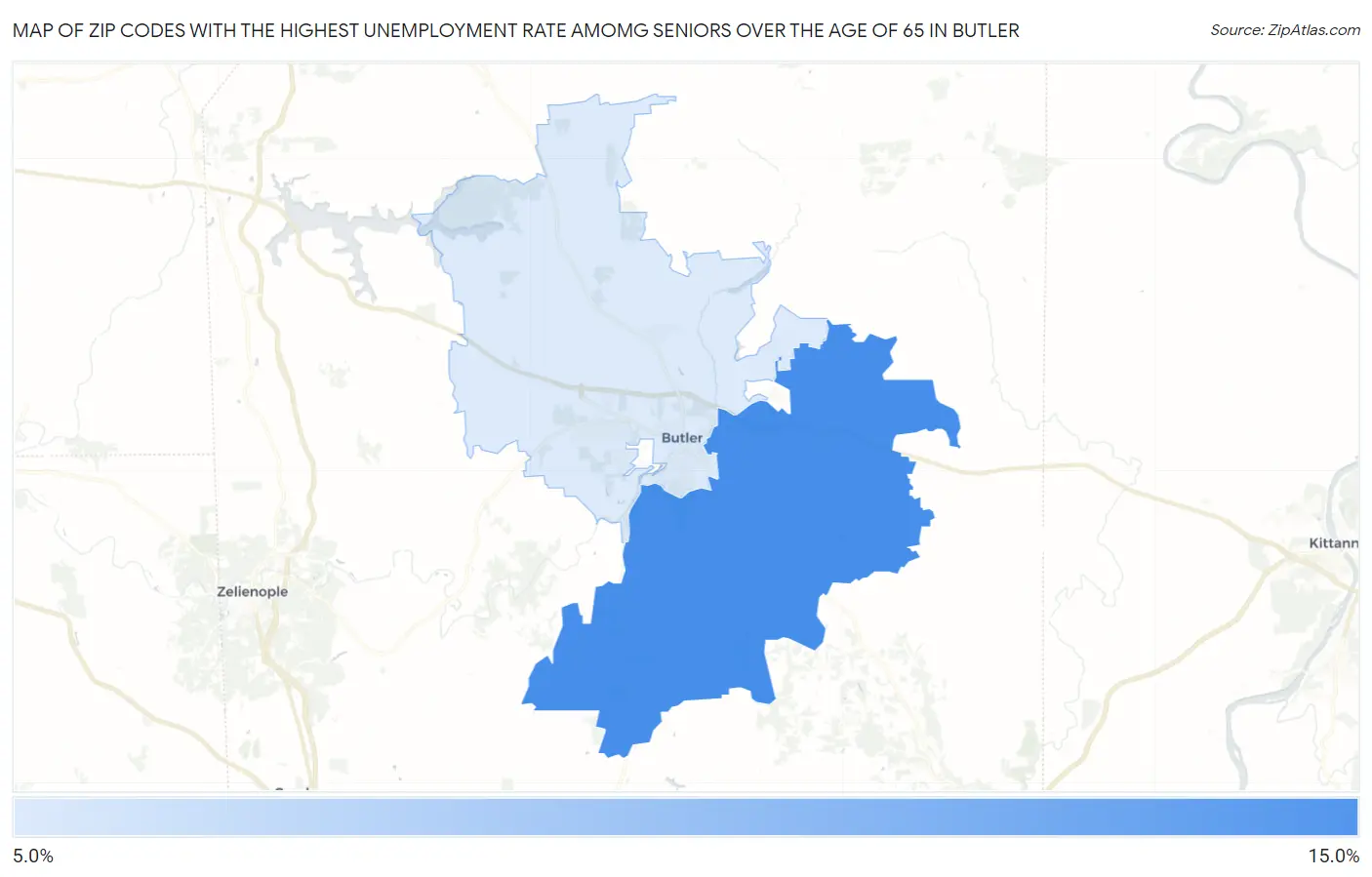 Zip Codes with the Highest Unemployment Rate Amomg Seniors Over the Age of 65 in Butler Map