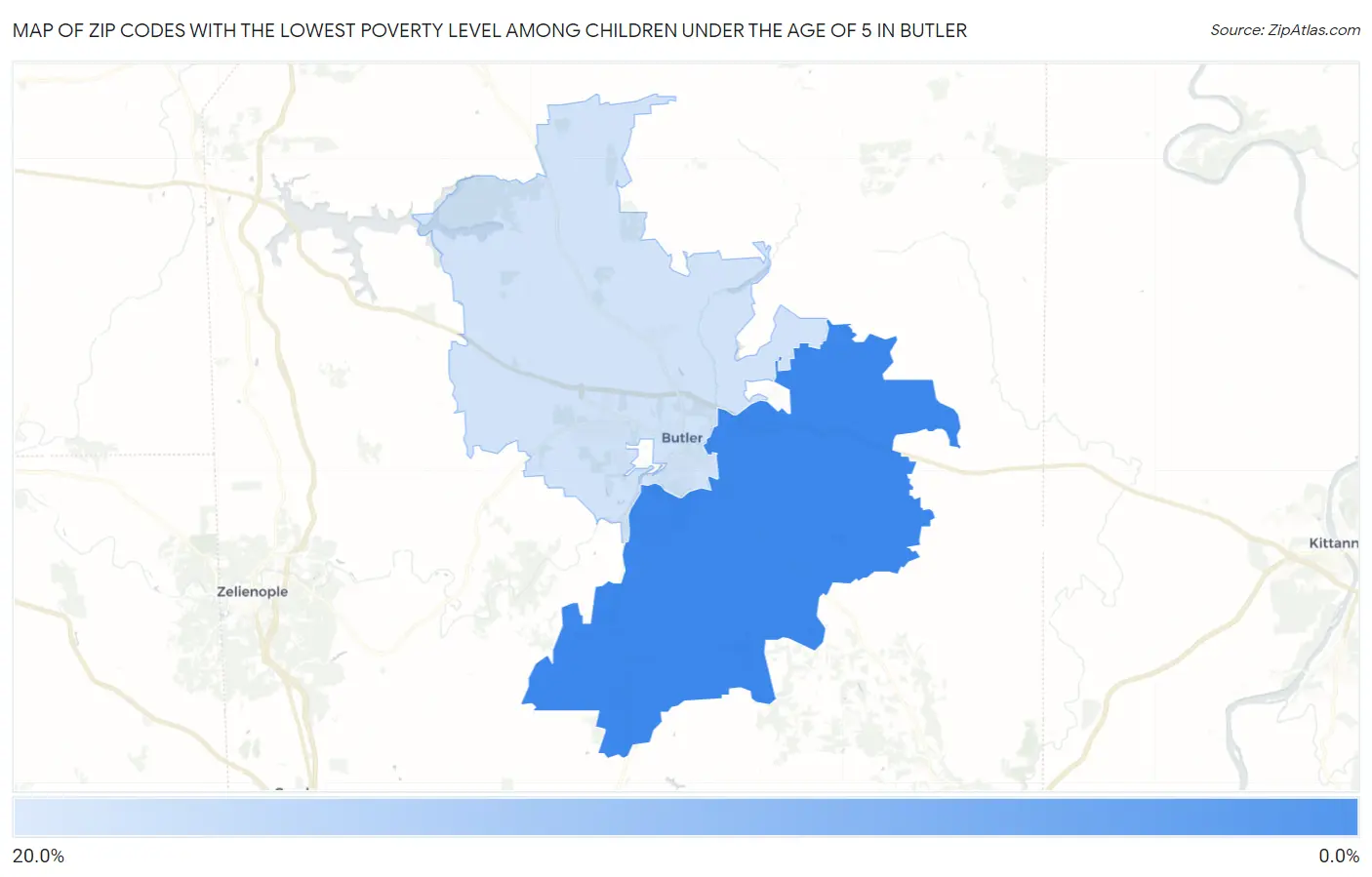 Zip Codes with the Lowest Poverty Level Among Children Under the Age of 5 in Butler Map