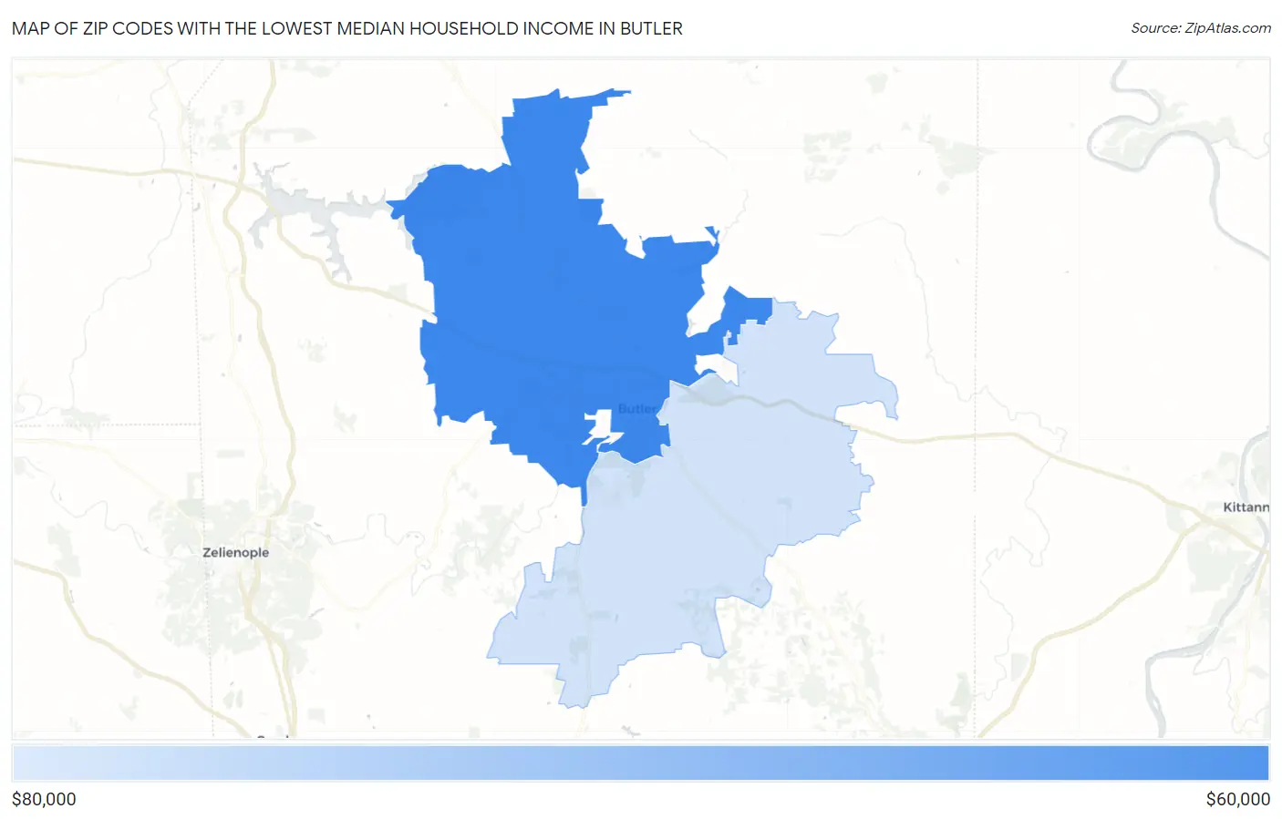 Zip Codes with the Lowest Median Household Income in Butler Map