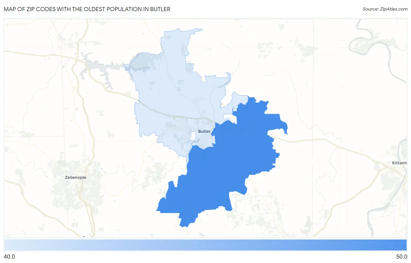 Zip Codes with the Oldest Population in Butler Map