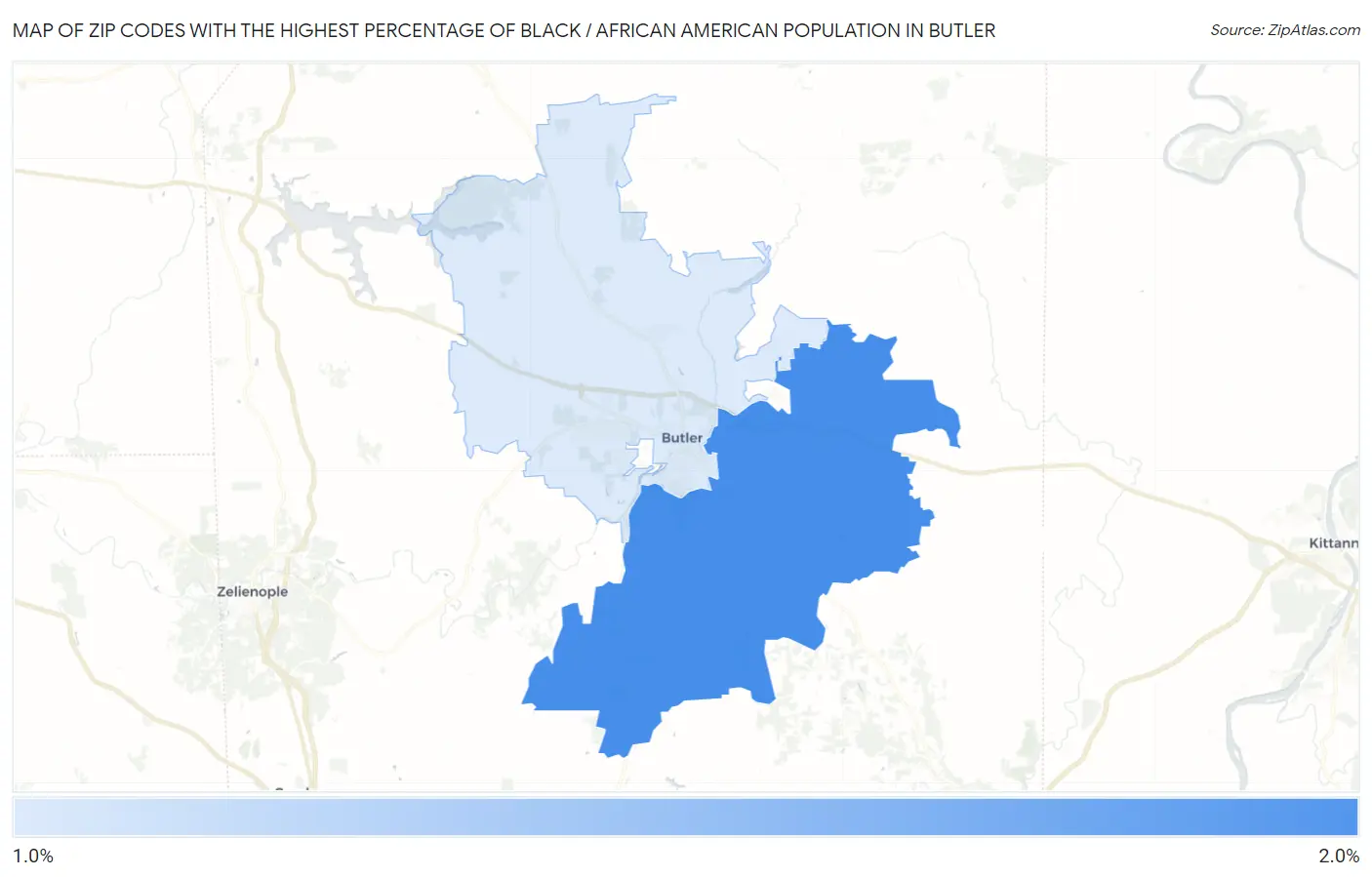 Zip Codes with the Highest Percentage of Black / African American Population in Butler Map