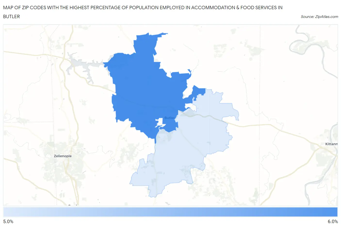 Zip Codes with the Highest Percentage of Population Employed in Accommodation & Food Services in Butler Map