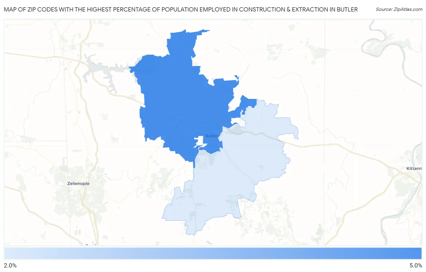 Zip Codes with the Highest Percentage of Population Employed in Construction & Extraction in Butler Map