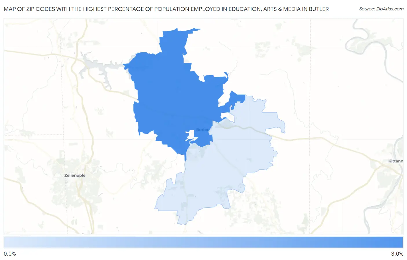 Zip Codes with the Highest Percentage of Population Employed in Education, Arts & Media in Butler Map