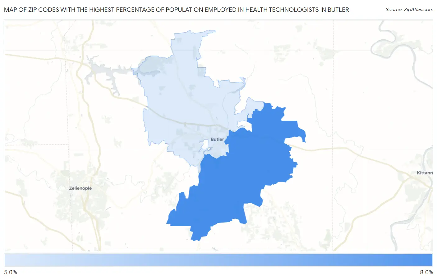 Zip Codes with the Highest Percentage of Population Employed in Health Technologists in Butler Map