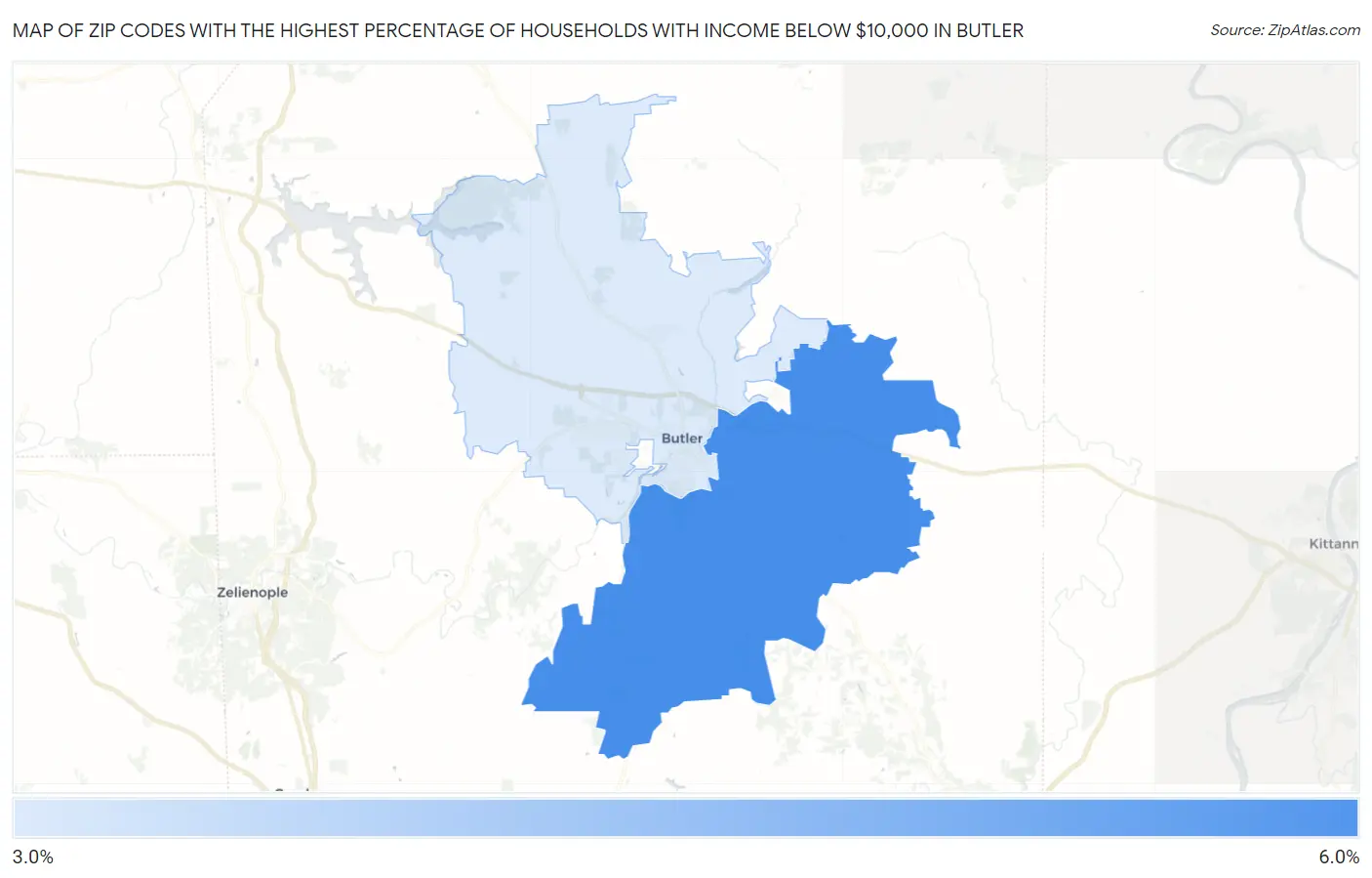 Zip Codes with the Highest Percentage of Households with Income Below $10,000 in Butler Map