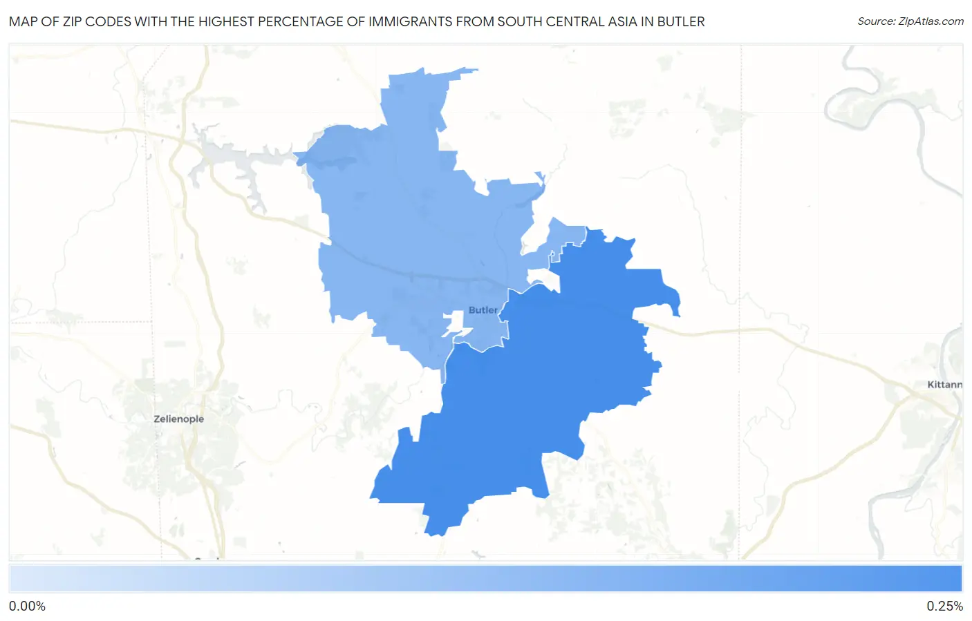 Zip Codes with the Highest Percentage of Immigrants from South Central Asia in Butler Map