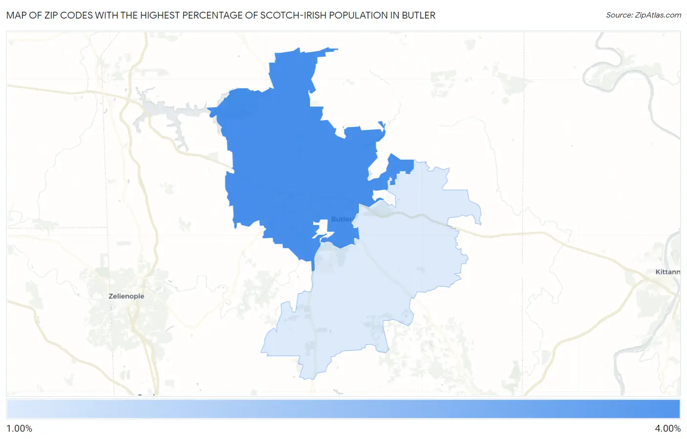 Zip Codes with the Highest Percentage of Scotch-Irish Population in Butler Map