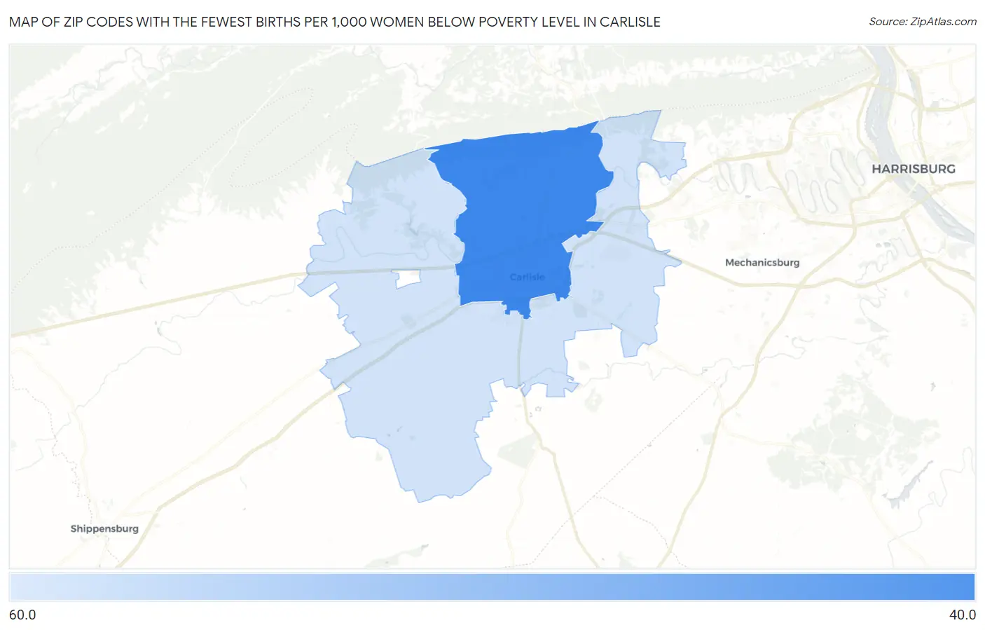 Zip Codes with the Fewest Births per 1,000 Women Below Poverty Level in Carlisle Map