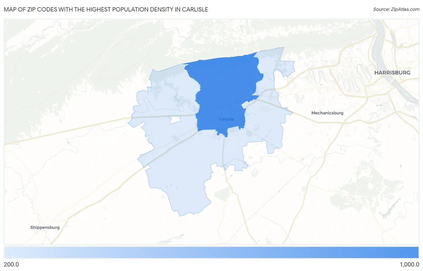 Zip Codes with the Highest Population Density in Carlisle Map
