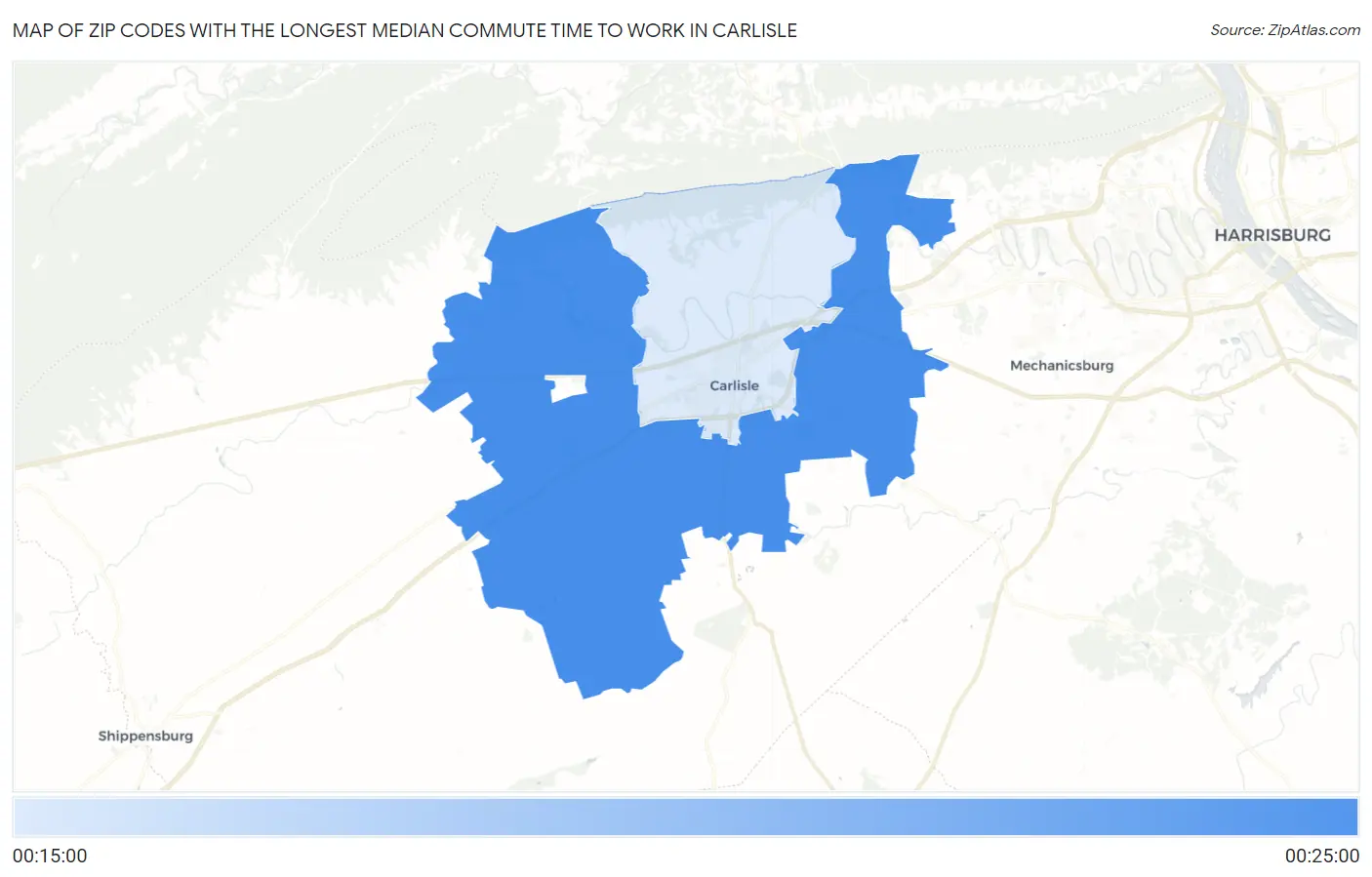 Zip Codes with the Longest Median Commute Time to Work in Carlisle Map