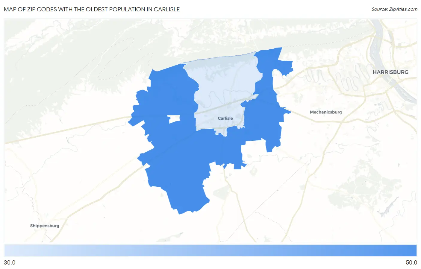 Zip Codes with the Oldest Population in Carlisle Map