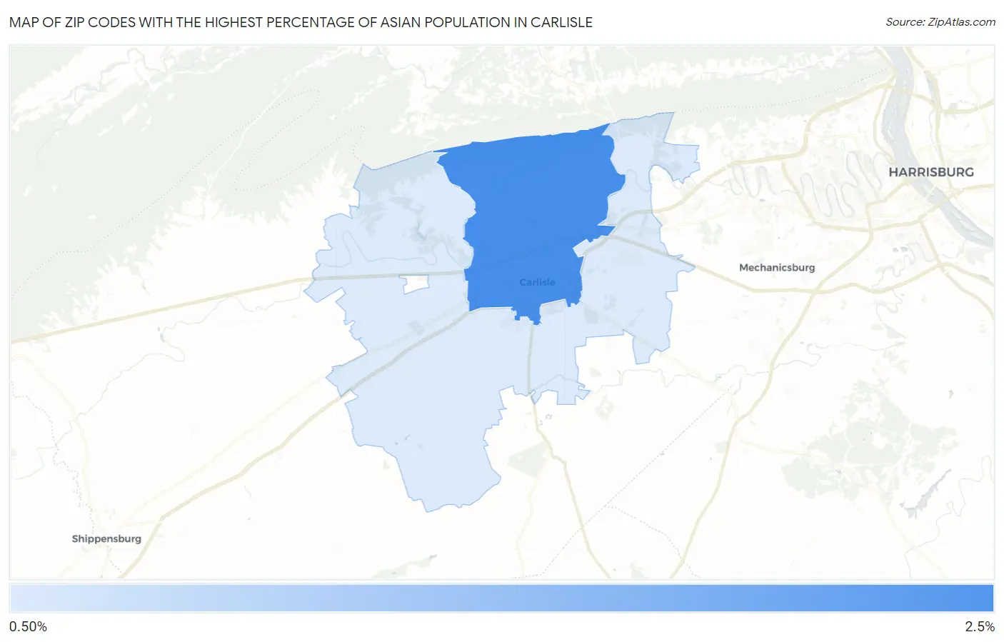 Zip Codes with the Highest Percentage of Asian Population in Carlisle Map