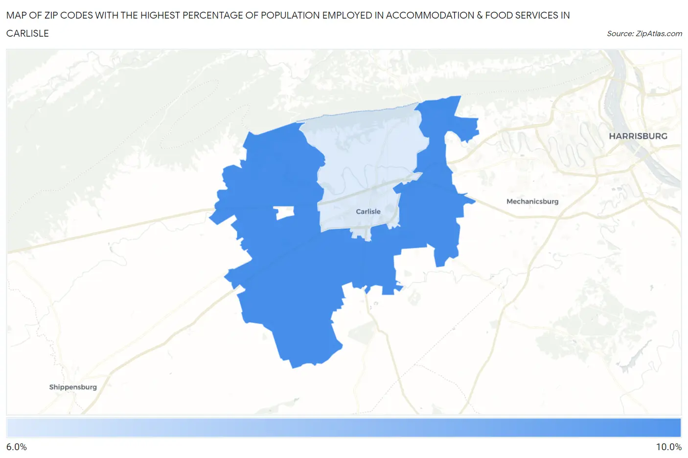 Zip Codes with the Highest Percentage of Population Employed in Accommodation & Food Services in Carlisle Map