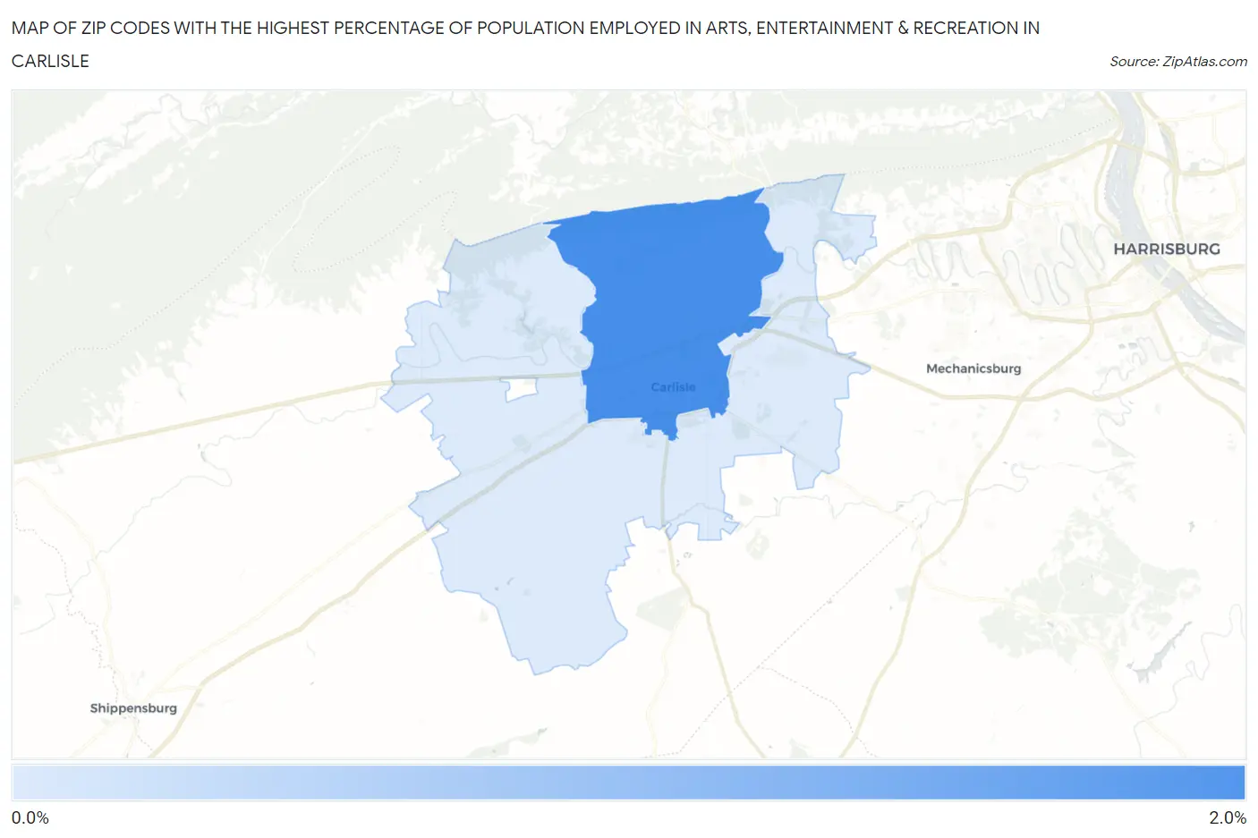Zip Codes with the Highest Percentage of Population Employed in Arts, Entertainment & Recreation in Carlisle Map