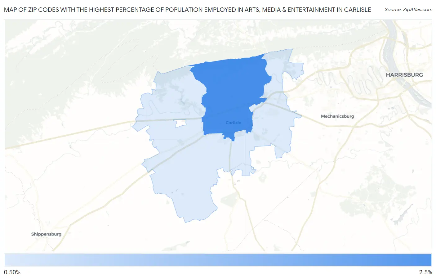 Zip Codes with the Highest Percentage of Population Employed in Arts, Media & Entertainment in Carlisle Map