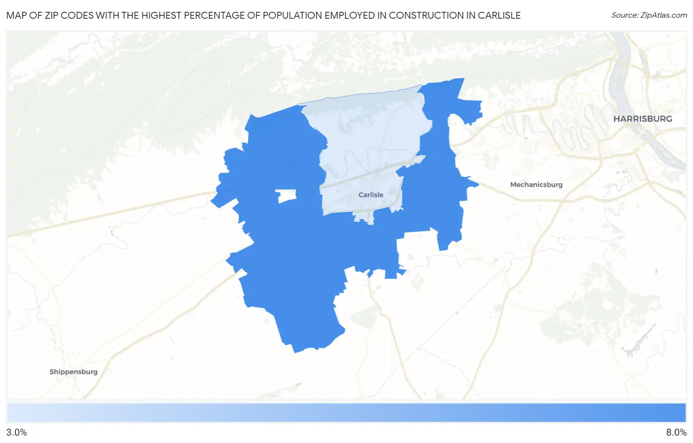 Zip Codes with the Highest Percentage of Population Employed in Construction in Carlisle Map